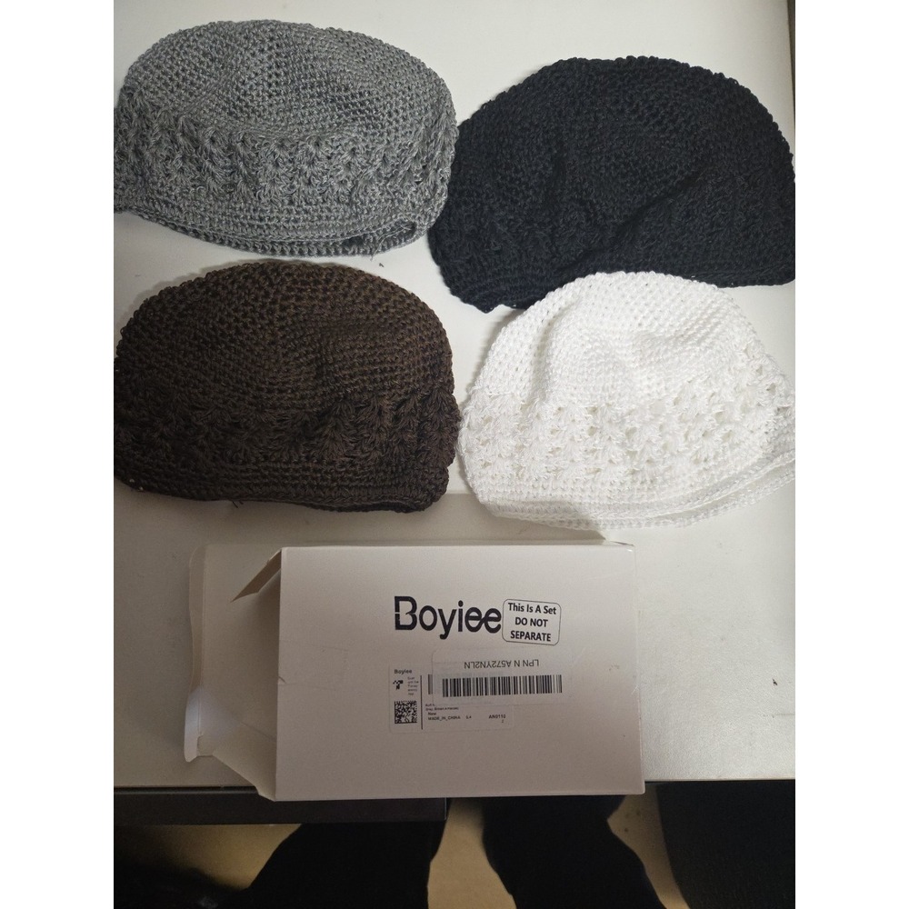 Set Of 4 Boyiee Knitted Kufi Hats, Grey, Black, Brown, White New
